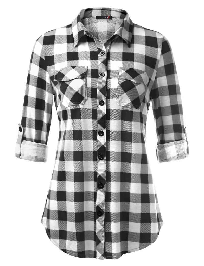 DJT Womens Soft Stretchy Knit Plaid Shirts Roll Up Long Sleeve Collared Button Down Blouses Tops Medium Black-White - Image 1